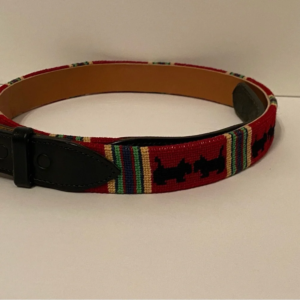 NEEDLEPOINT BELT HAND CRAFTED RED BLACK SCOTTIE DOGS TERRIER LEATHER SIZE 32